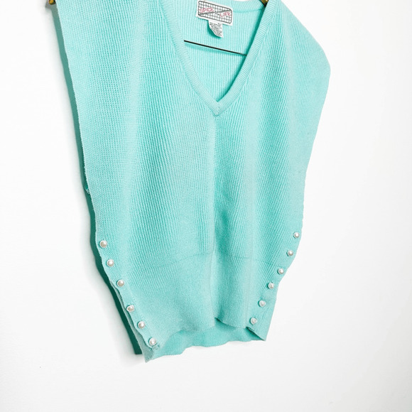 VTG 80s tapered SWEATER VEST blue v neck PEARL button side details womens L - Picture 2 of 5